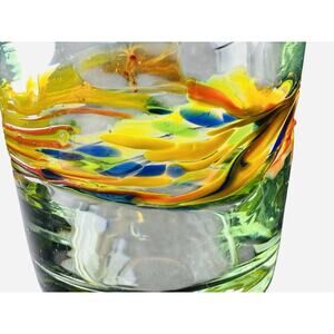 Mexican Hand Blown Glass Tumbler Yellow/Orange/Blue Swirl Spiral 4"T 4”W HEAVY!!